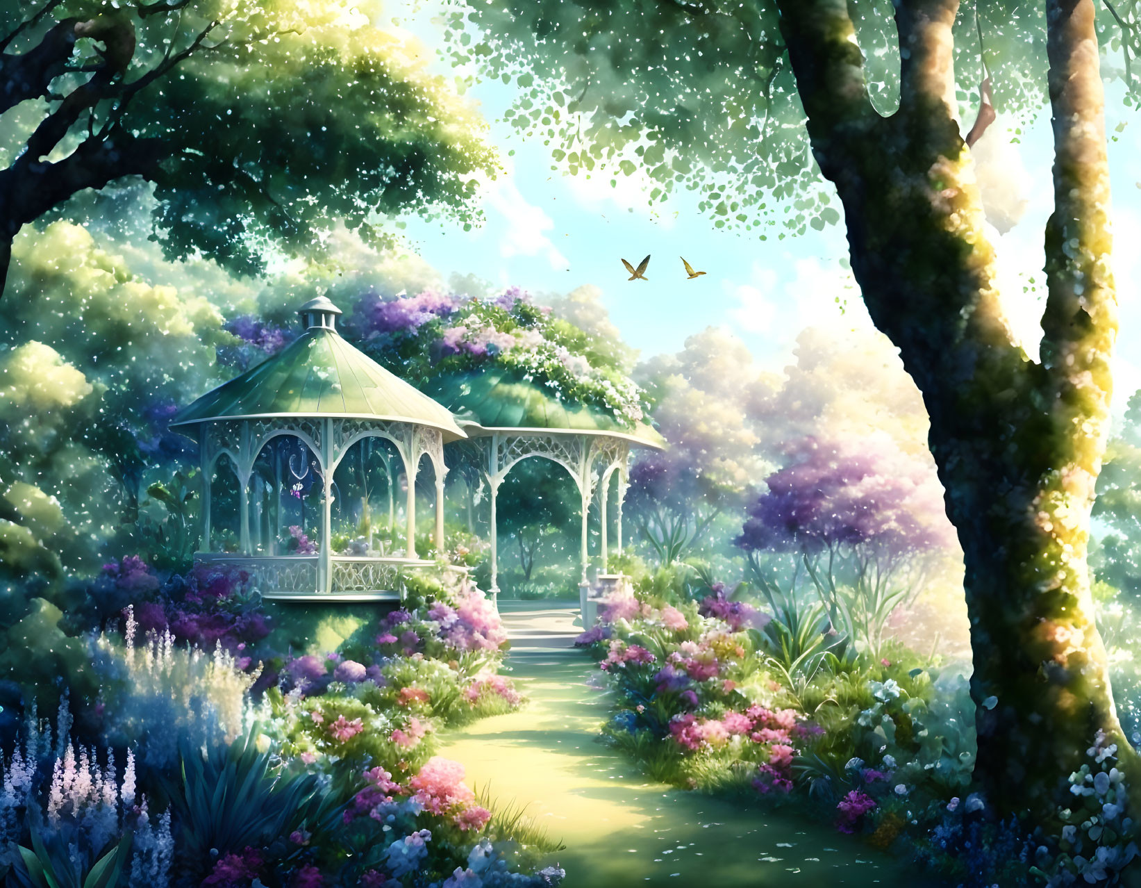 Tranquil garden scene with white gazebo, purple flowers, greenery, sunlight, and birds