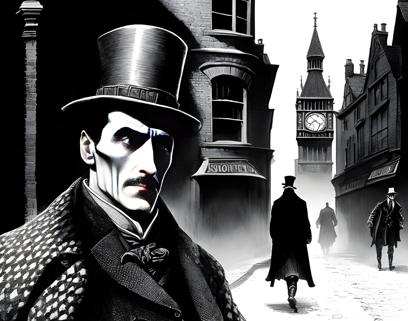 Monochromatic illustration of man with top hat and monocle on Victorian-era street.