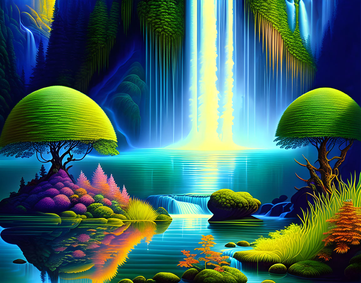 Colorful Trees, Waterfalls, and Reflective Lake in Fantastical Landscape