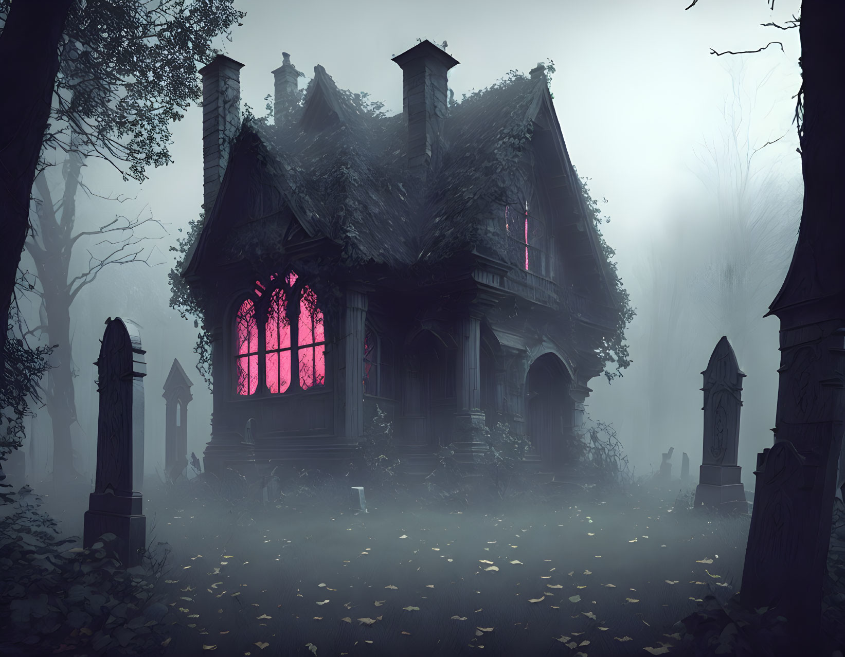 Victorian house in misty forest with pink glowing windows