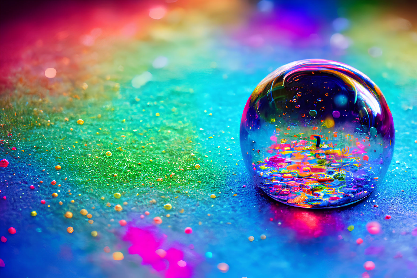 Colorful Soap Bubble Reflecting Kaleidoscope Hues on Bright Surface