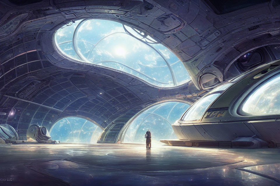 Person in futuristic spaceship hangar with glass dome ceiling.