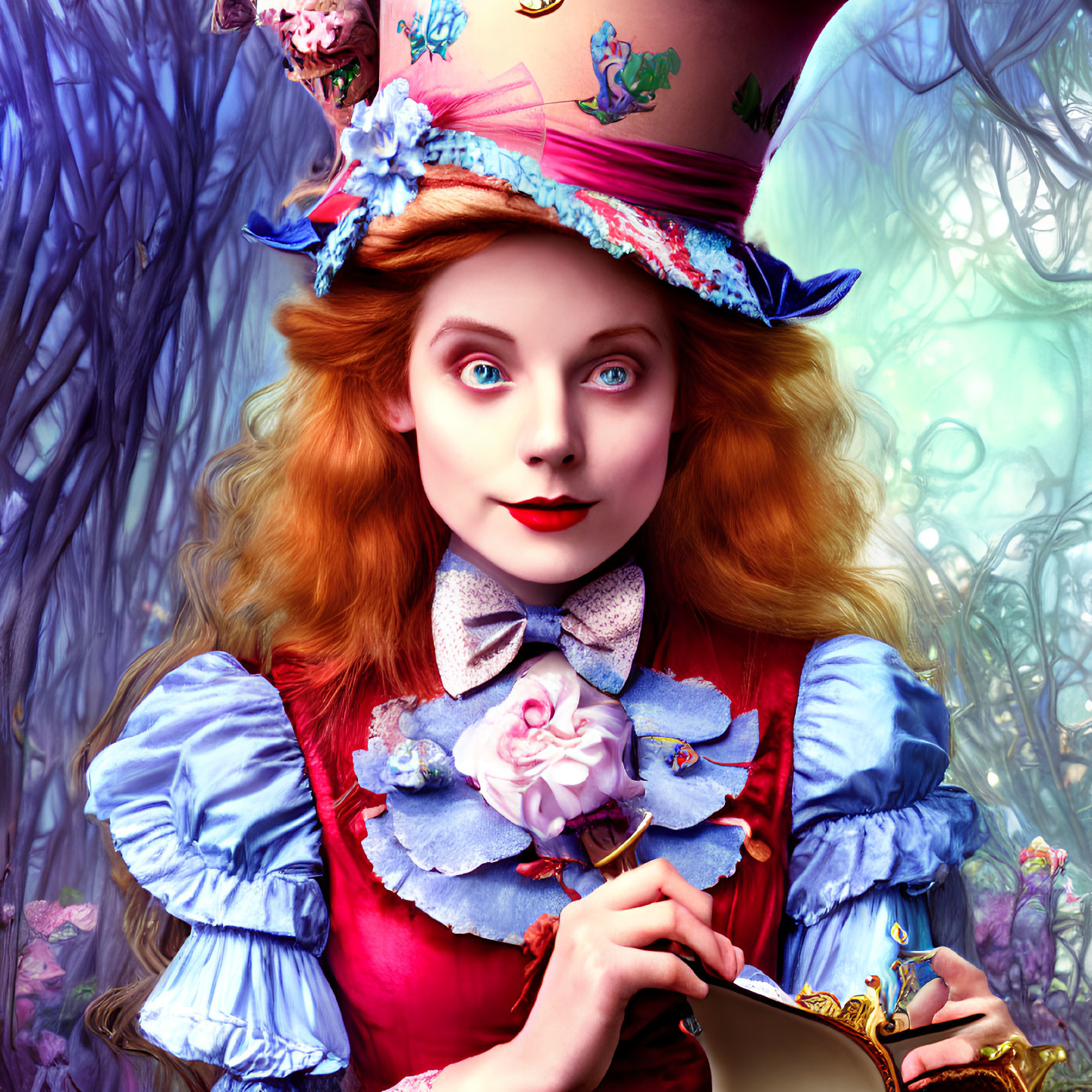 Whimsical red-haired woman as Mad Hatter in enchanted forest