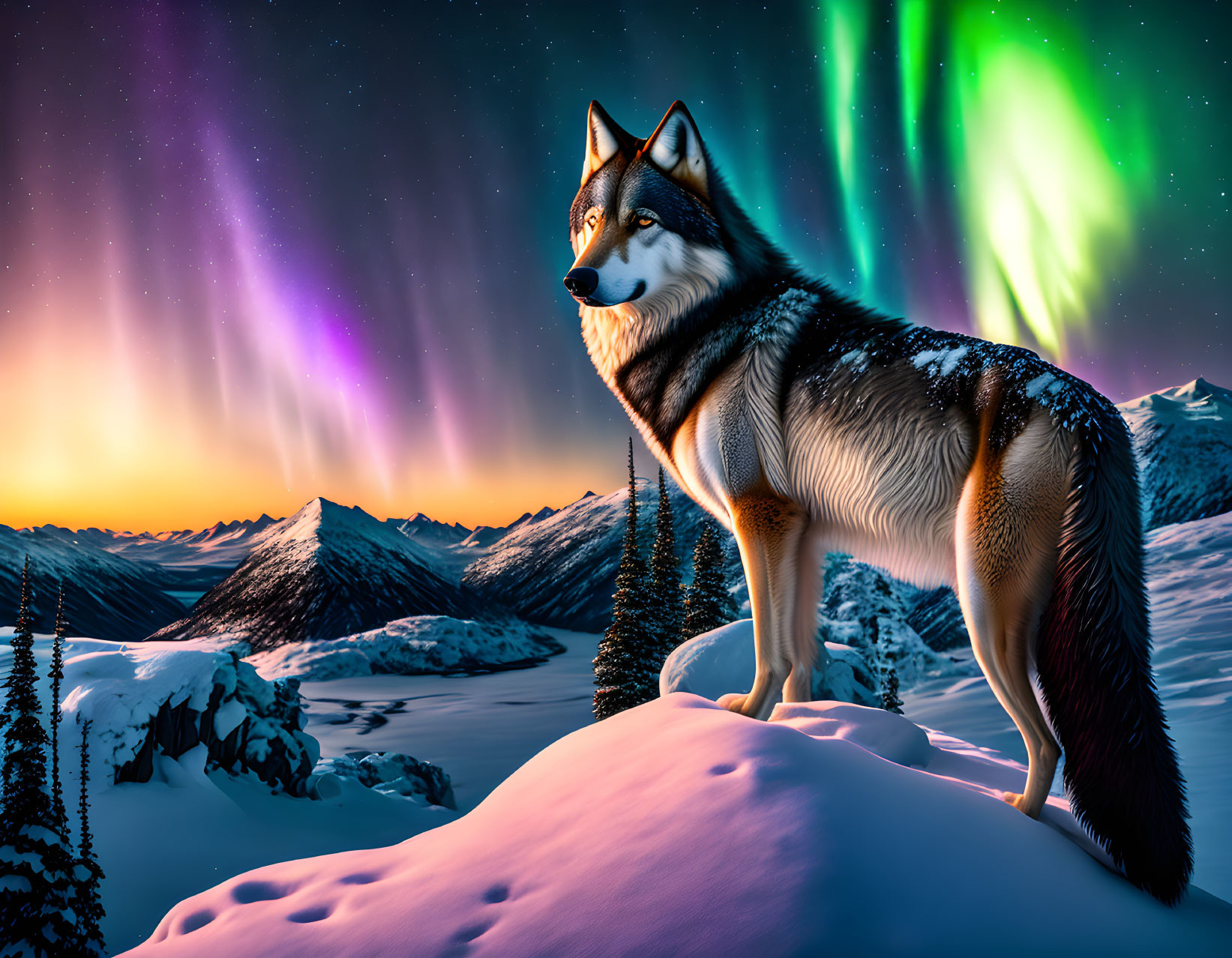 Majestic wolf in snowy landscape under vibrant aurora borealis