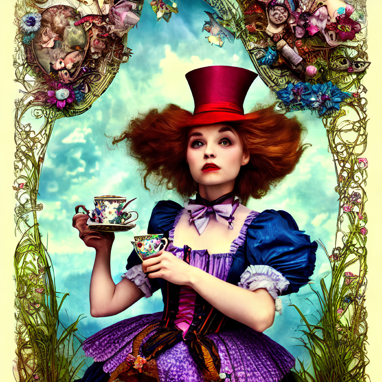 Woman in Mad Hatter costume with teacup, whimsical frames, and characters.