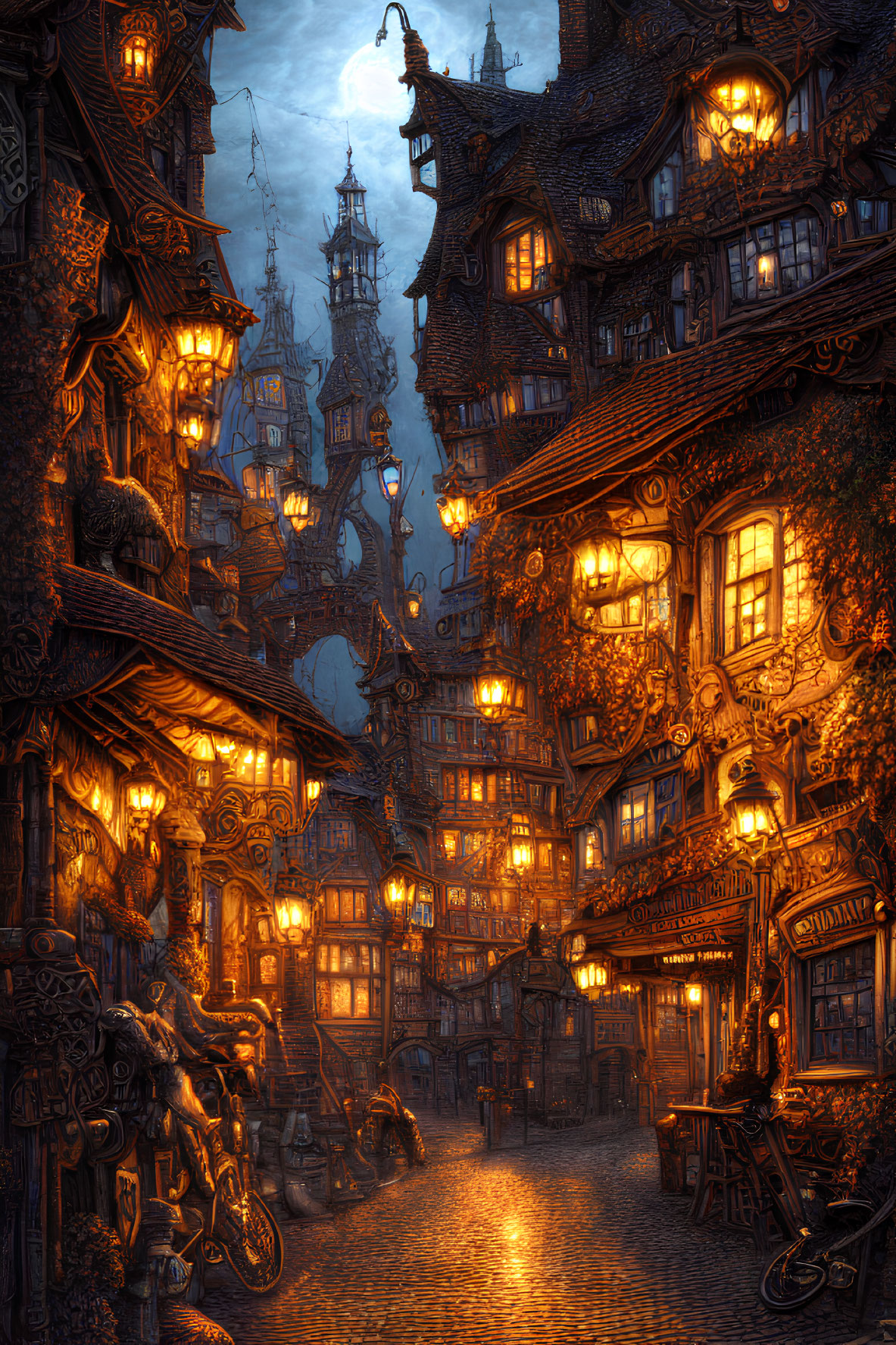 Medieval cobblestone street at night with warm lantern light