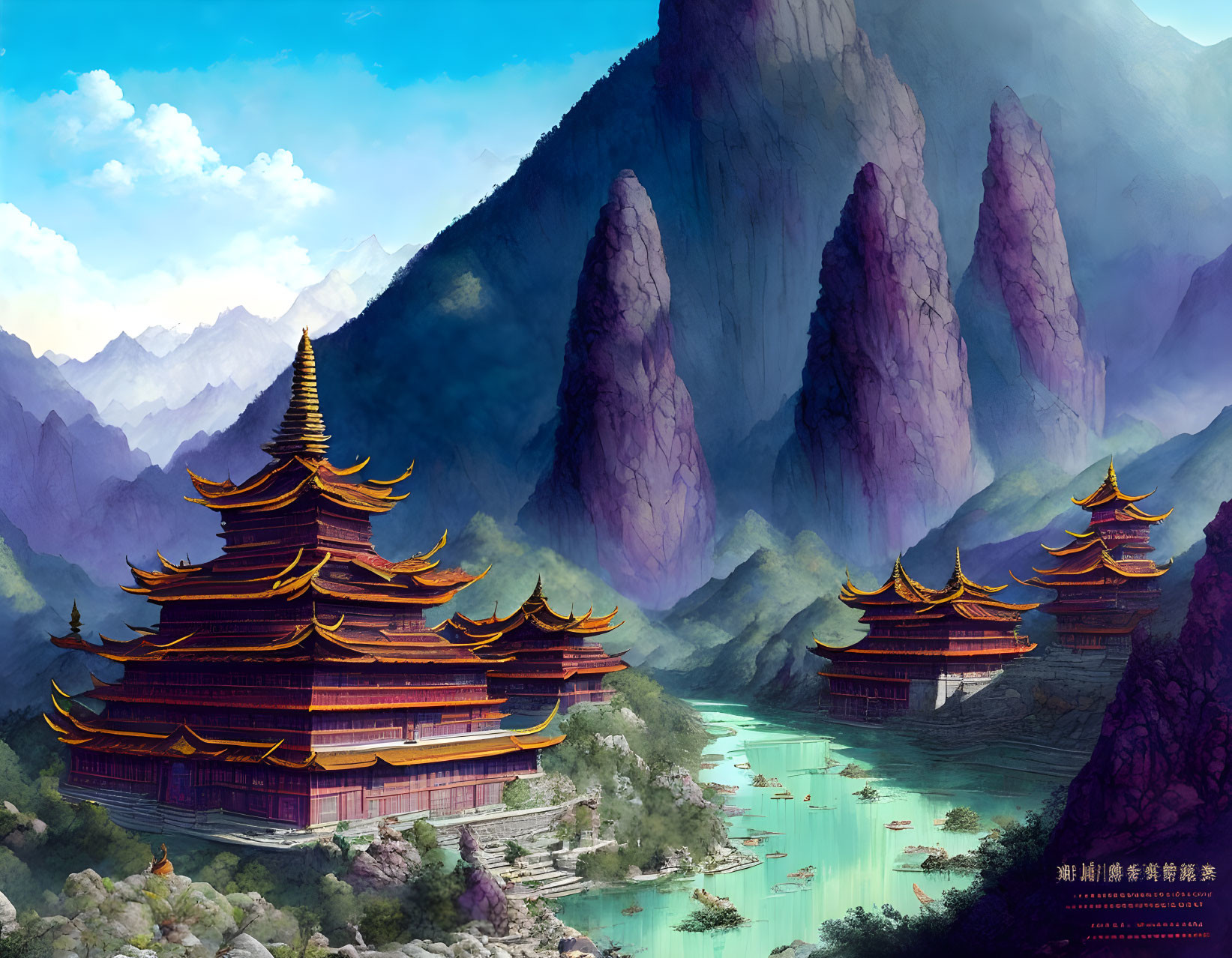 Digital painting of Oriental temple in karst mountain landscape