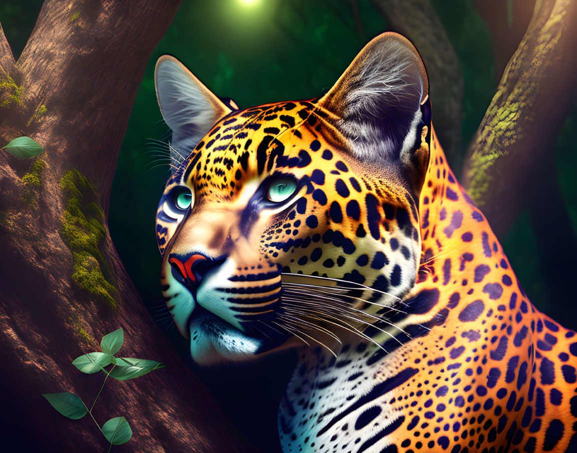 Vibrant leopard with blue eyes in lush forest scene