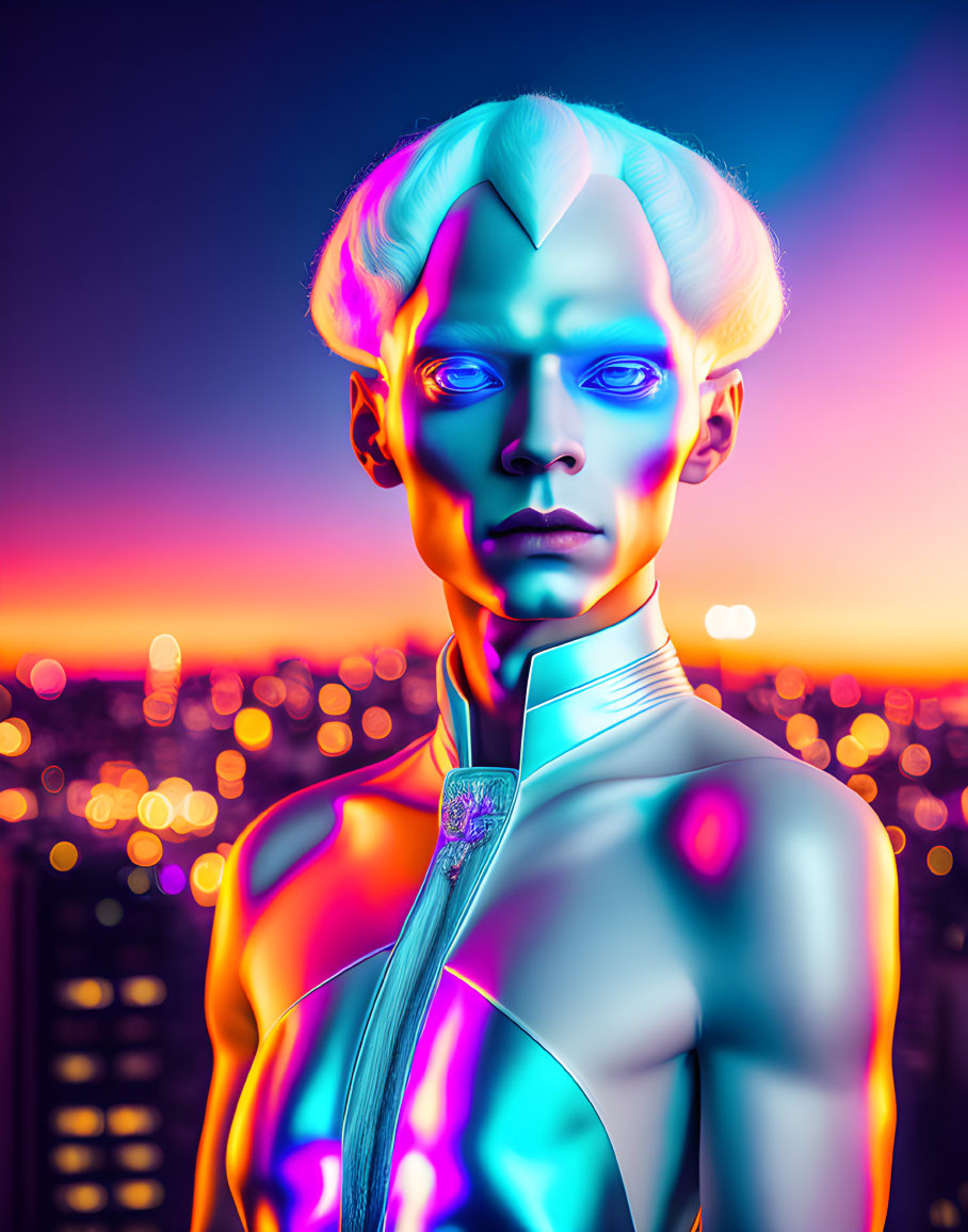 Iridescent humanoid figure in neon cityscape twilight.