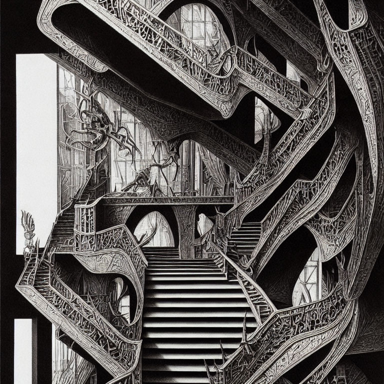 Detailed Monochrome Illustration of Complex Structure with Intricate Staircases and Walkways