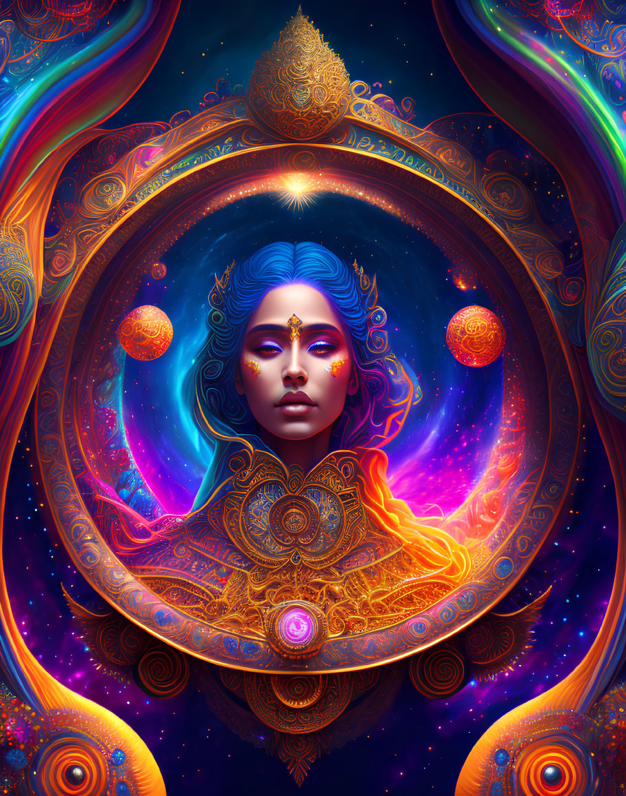 Colorful digital artwork of a woman with blue hair and golden adornments in a cosmic setting