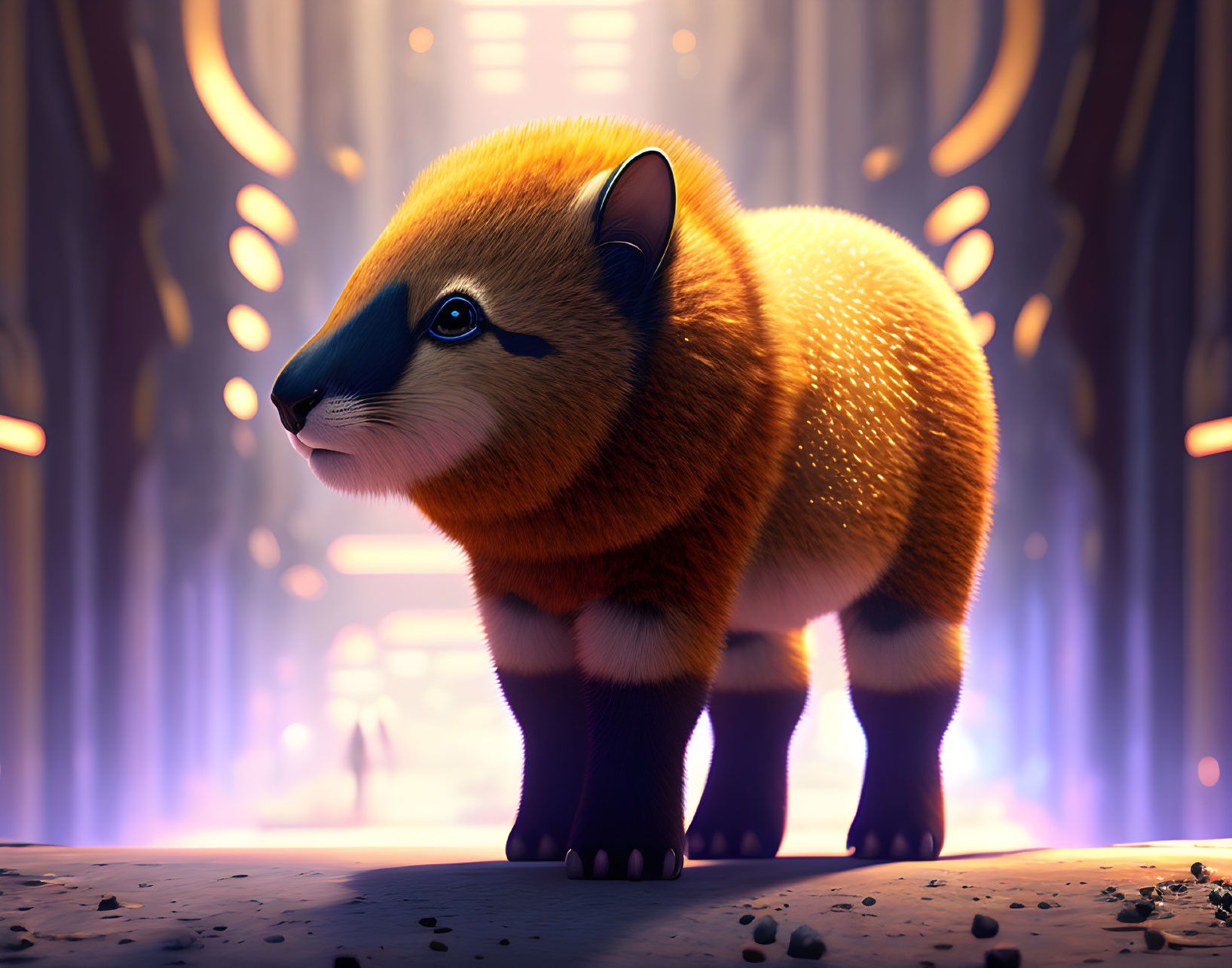 Stylized digital artwork: Orange and black fox-corgi creature in futuristic corridor