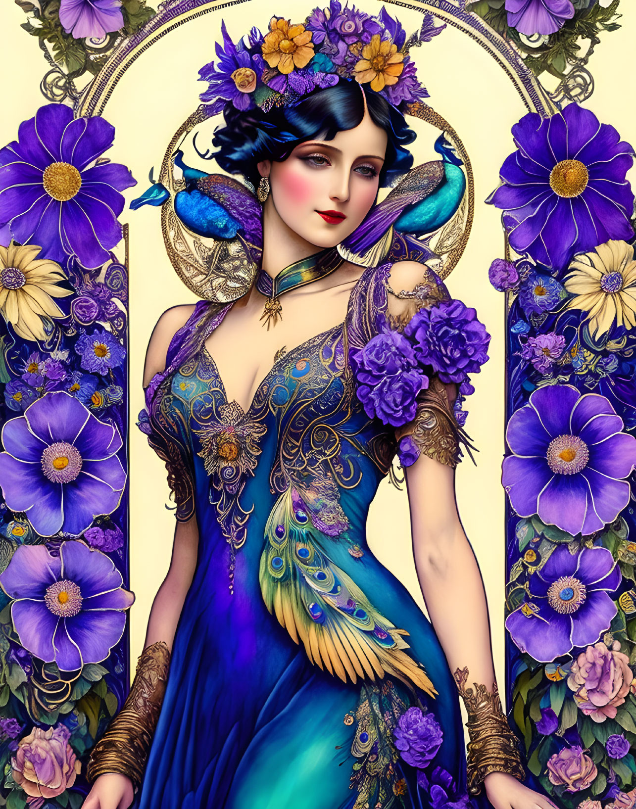 Detailed illustration of woman with dark hair, flowers, peacock feathers, blue and gold gown in floral