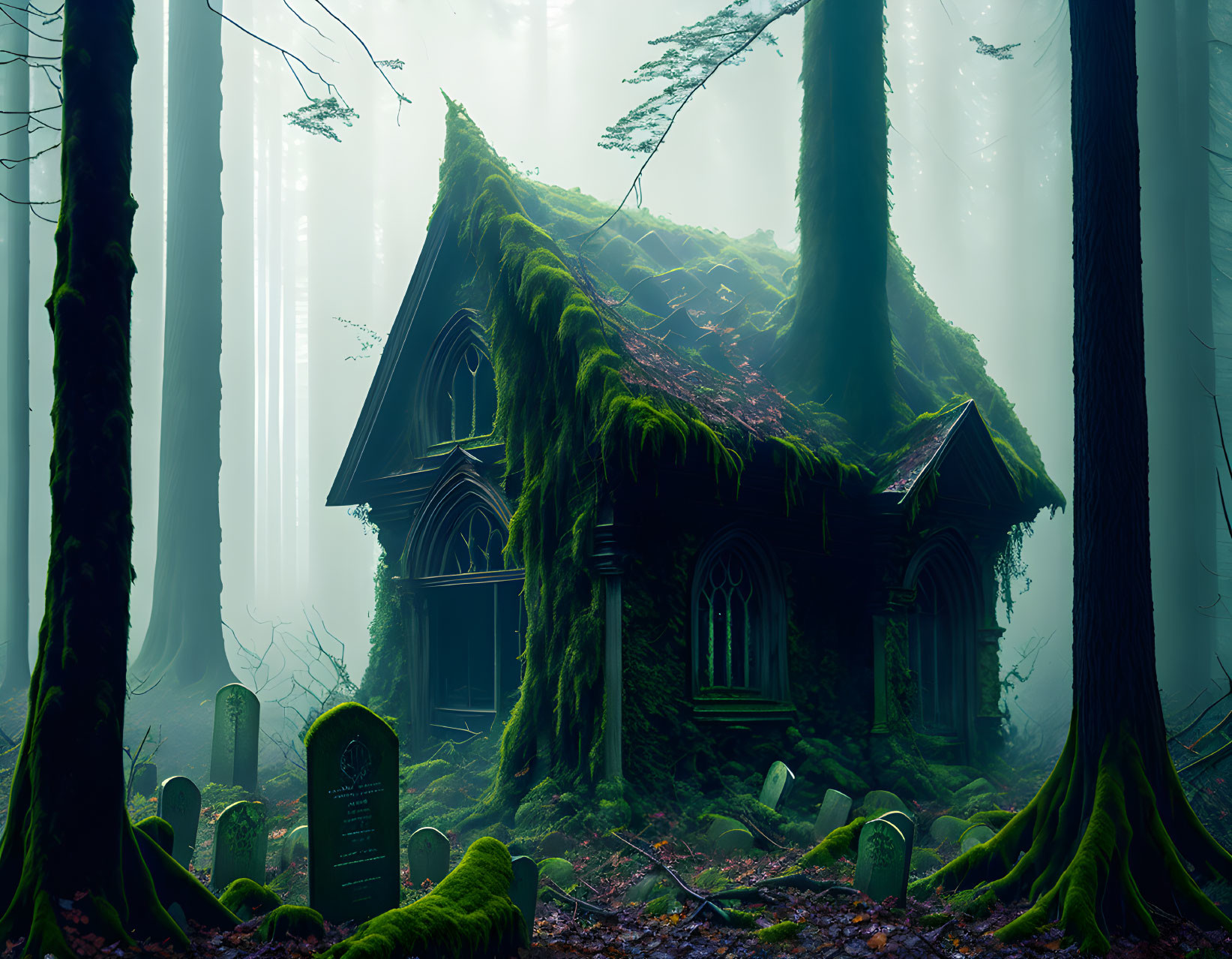 Moss-Covered House in Foggy Forest with Tombstones