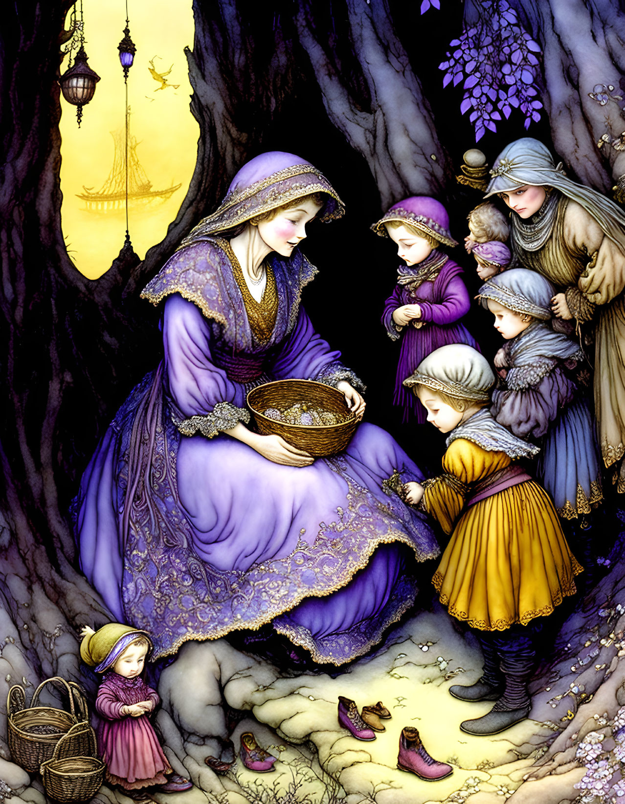 Illustration of woman in purple dress feeding kids in whimsical forest