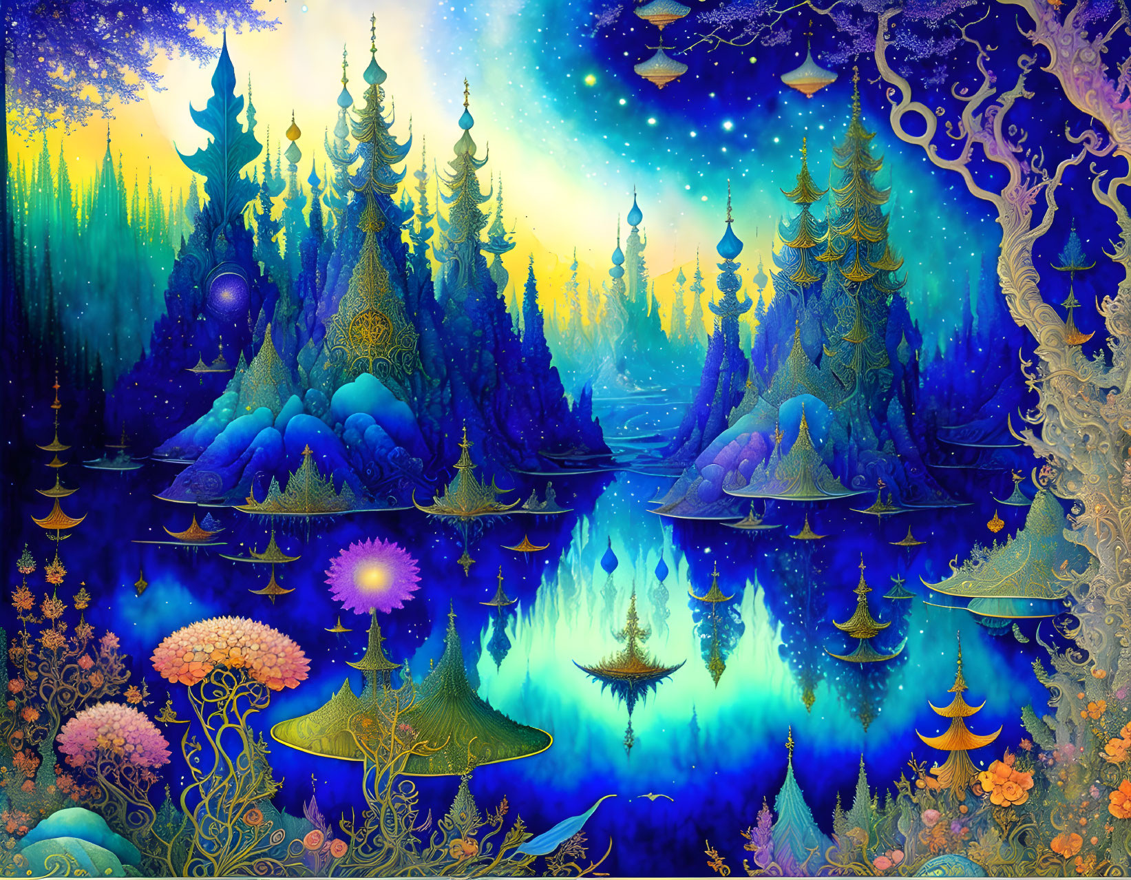 Fantastical landscape with luminescent trees, floating islands, reflective lake