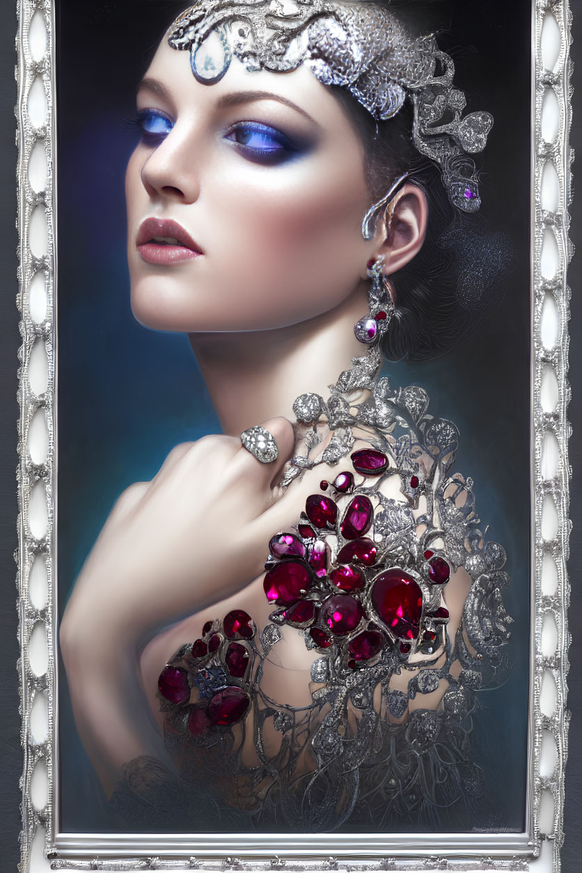 Intricate Silver and Ruby Jewelry Adorned Woman with Theatrical Makeup