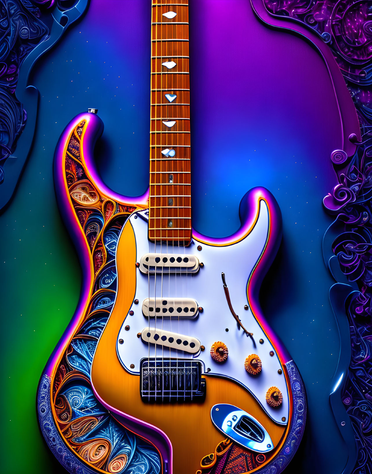 Vibrant electric guitar artwork on purple background