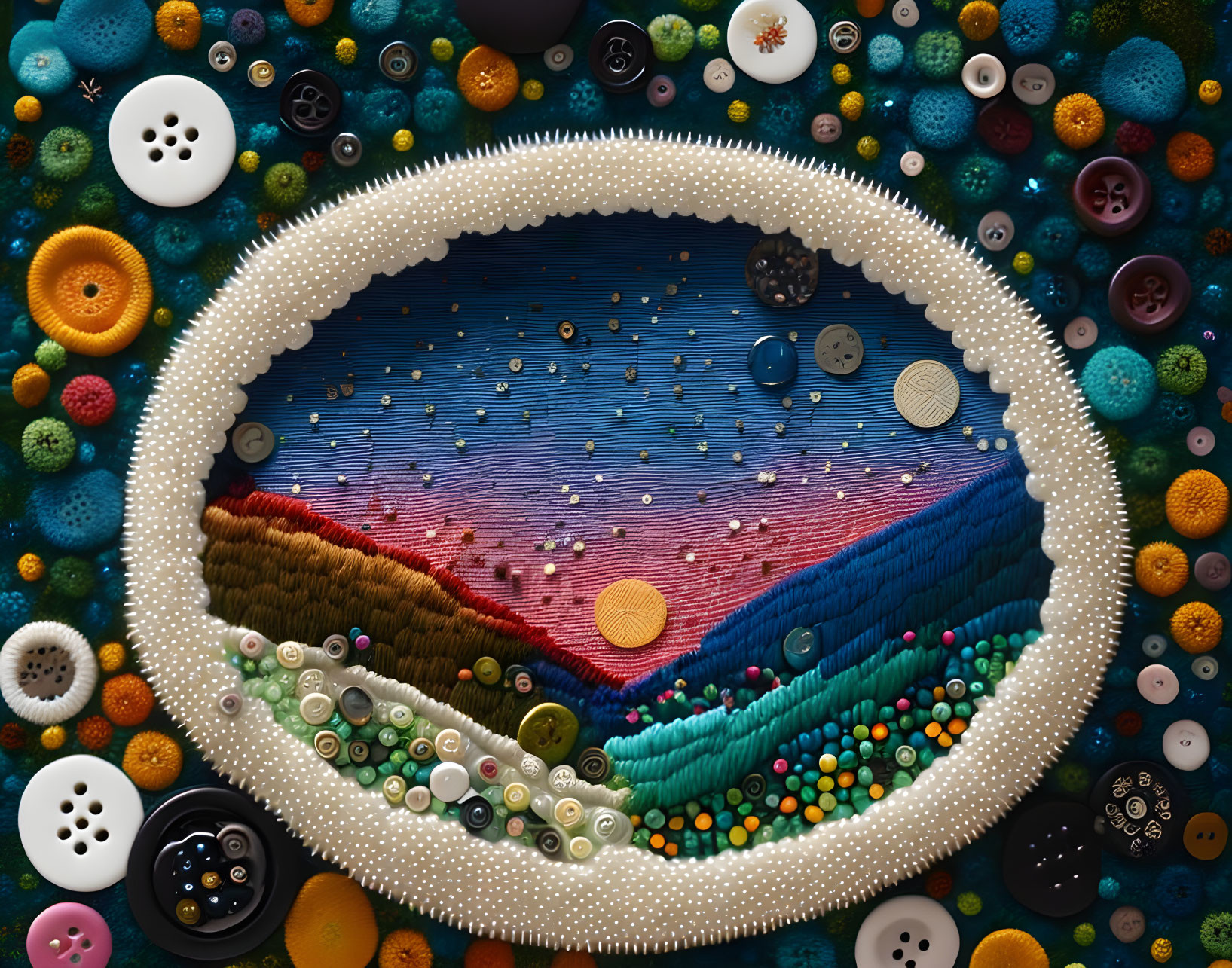 Abstract Landscape Artwork: Sewing Button Composition in Oval Frame