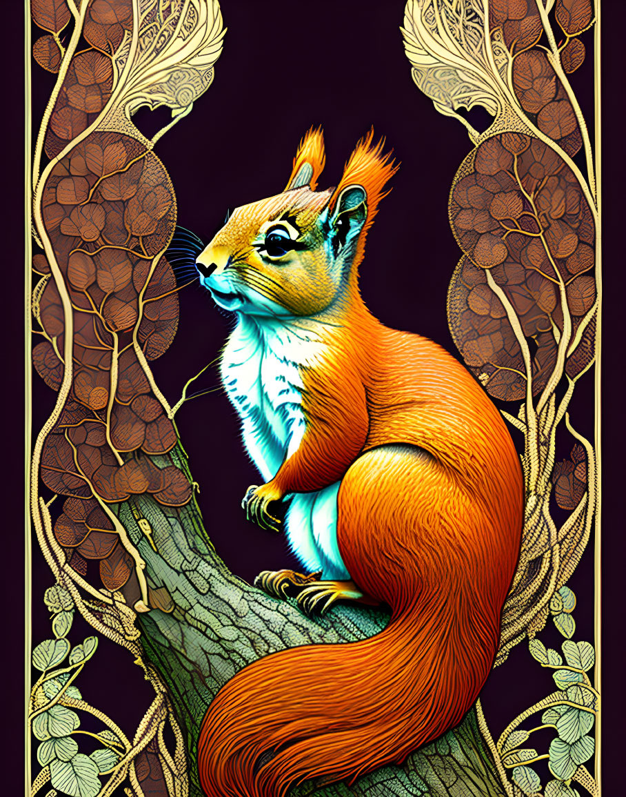 Illustration of orange squirrel on branch with patterned trees on dark purple background