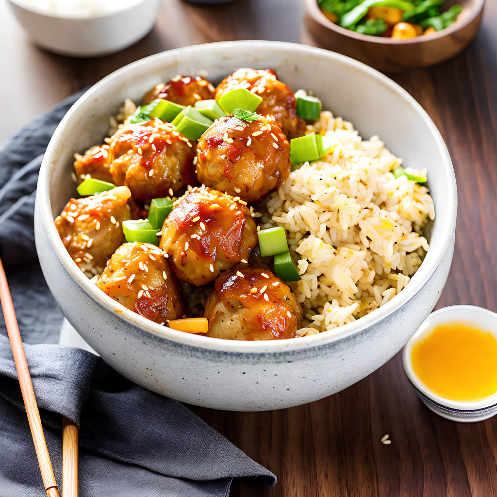 Glazed meatballs on rice with green onions and chopsticks