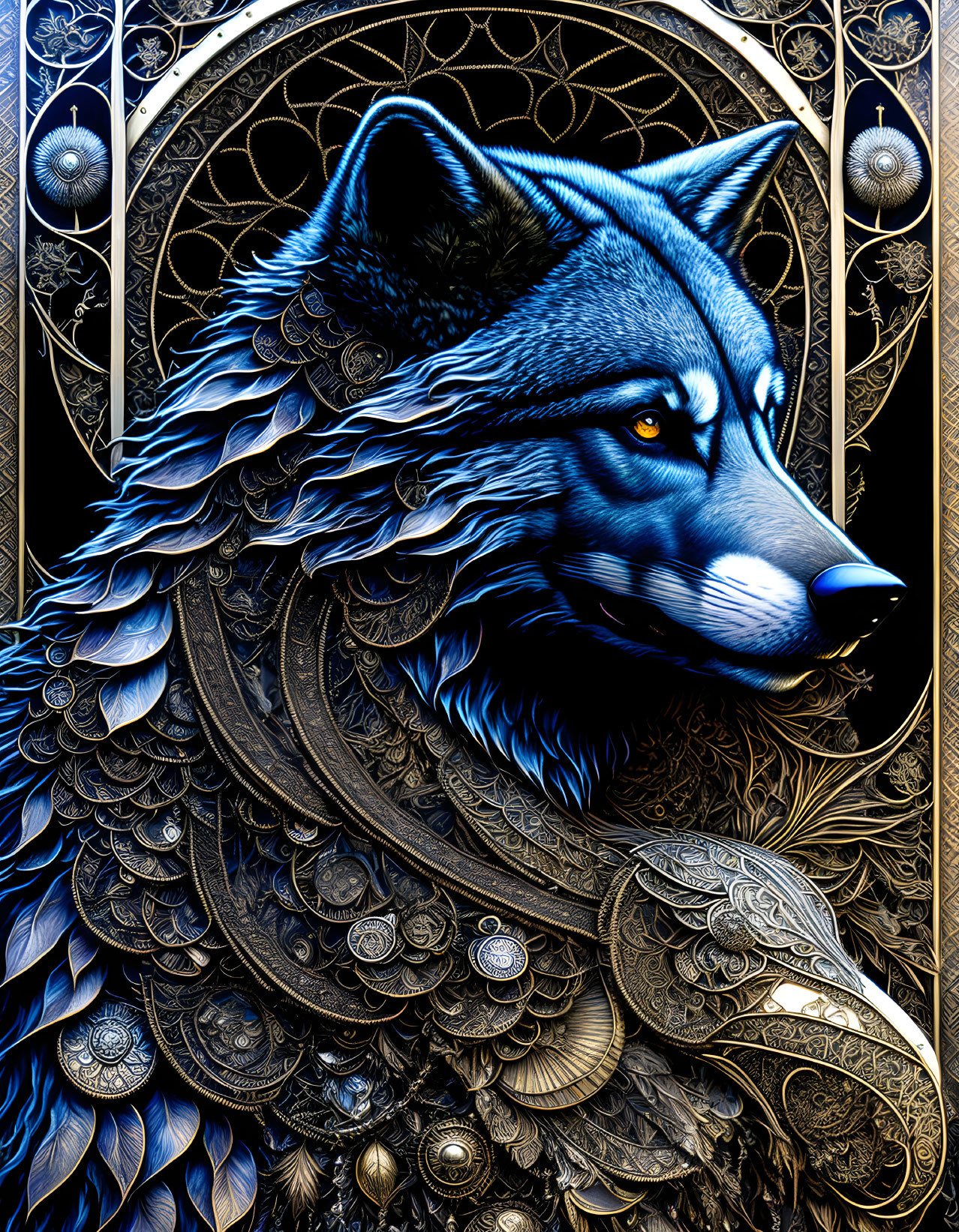 Detailed Illustration of Blue and Black Wolf in Ornate Armor with Mystical Decorations