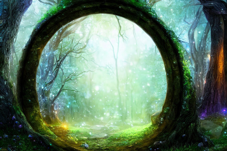 Enchanting forest scene with mystical circular gateway and glowing lights