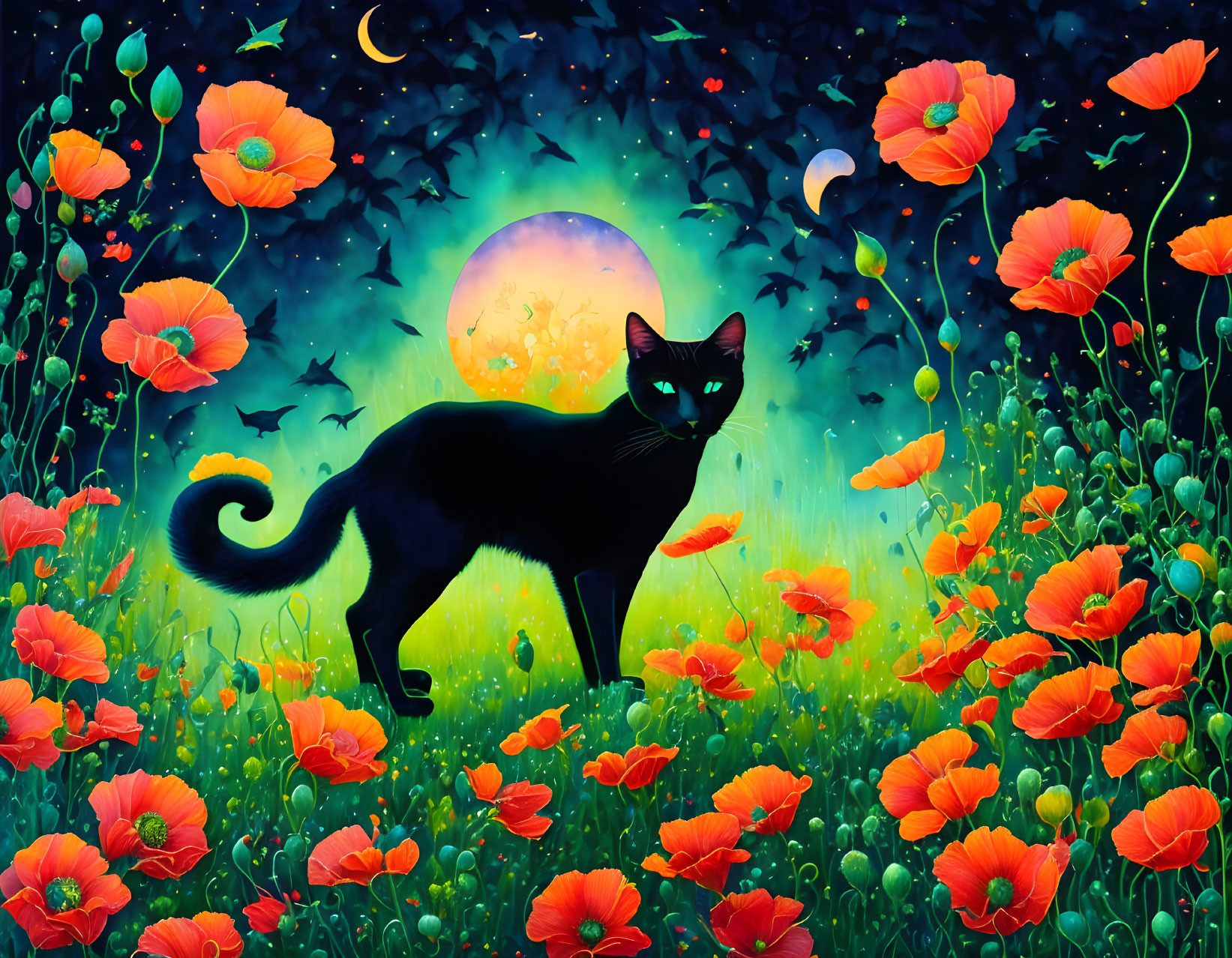 Black cat surrounded by red poppies under night sky with moon and stars