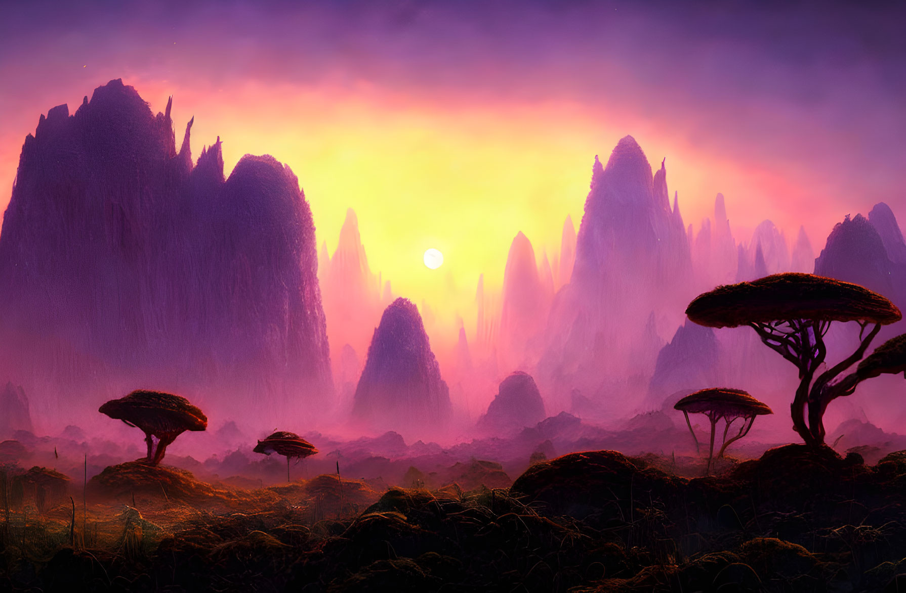 Fantastical landscape with purple spires and alien-like trees at sunset