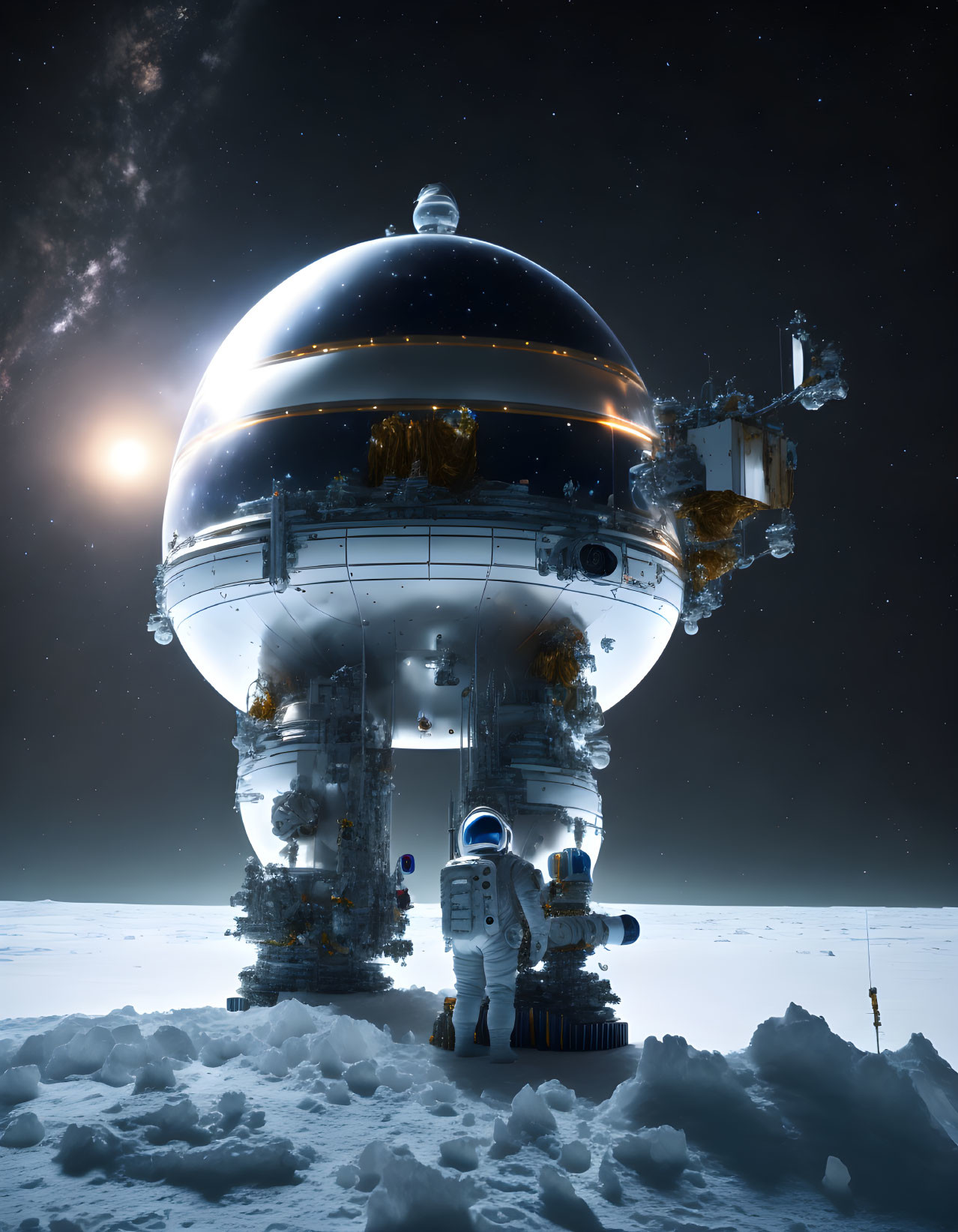 Astronaut beside futuristic spherical structure on snowy surface