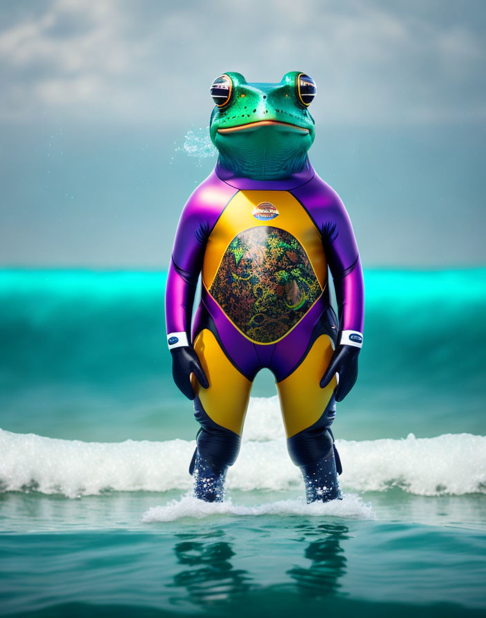 Colorful wetsuit-clad frog in ocean waves and sky