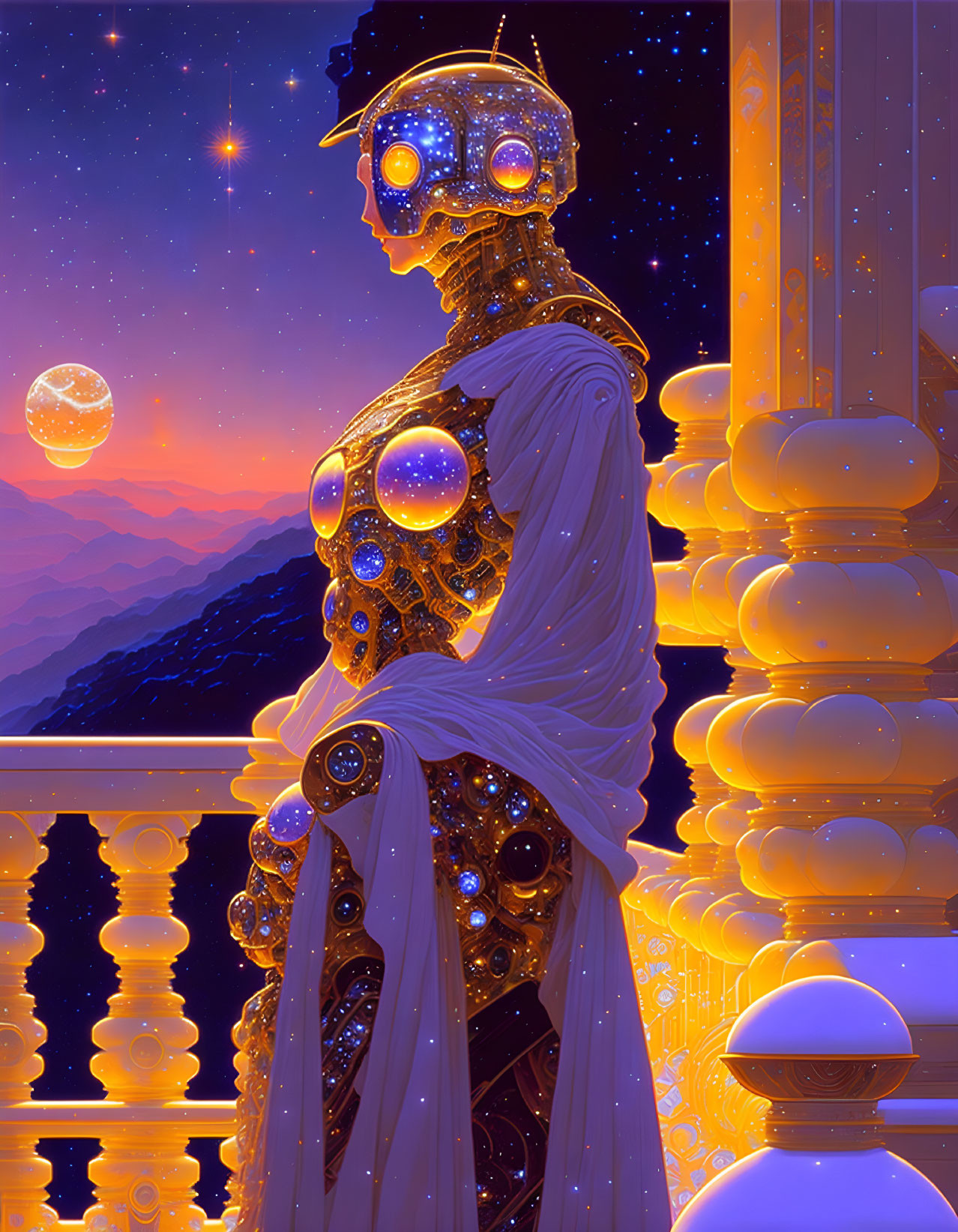 Ornately decorated futuristic robot admiring starry sunset view