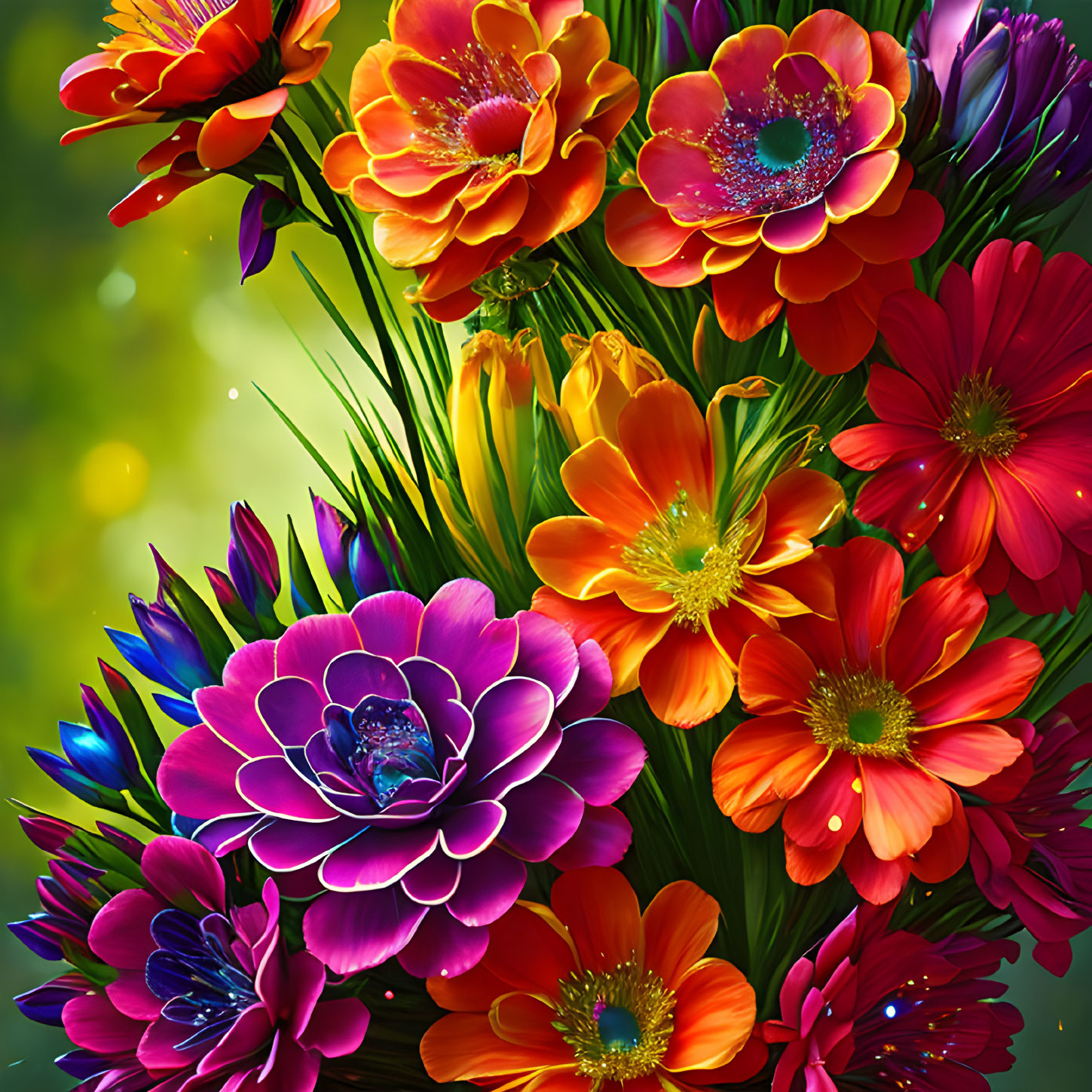 Colorful Orange, Red, and Purple Flower Bouquet on Green Background