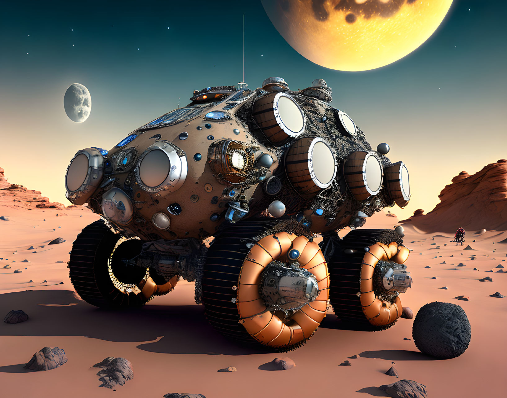 Futuristic rover with spherical wheels in rocky desert landscape