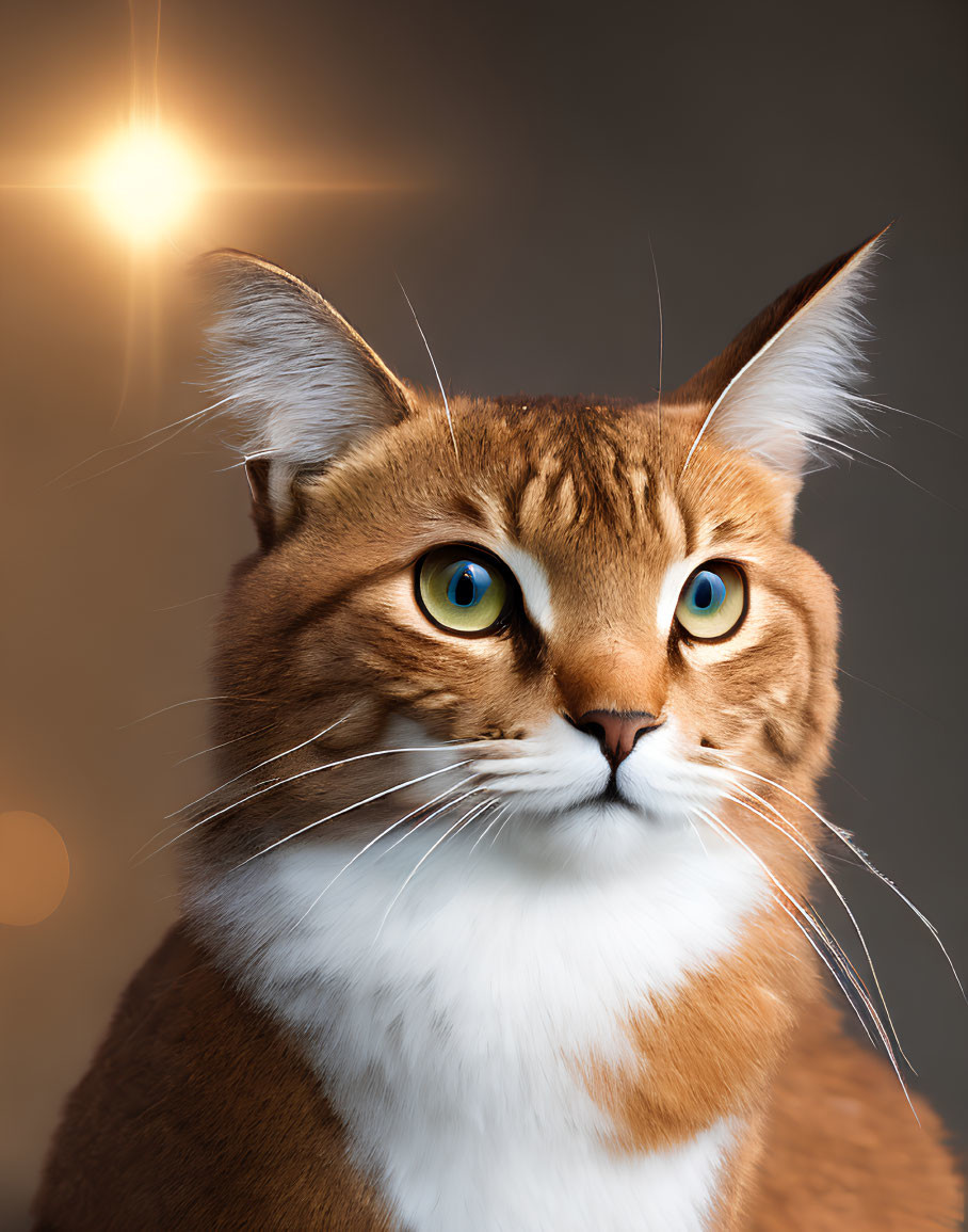 Digital Artwork: Cat with Human-Like Features, Golden Eyes, Orange & White Fur