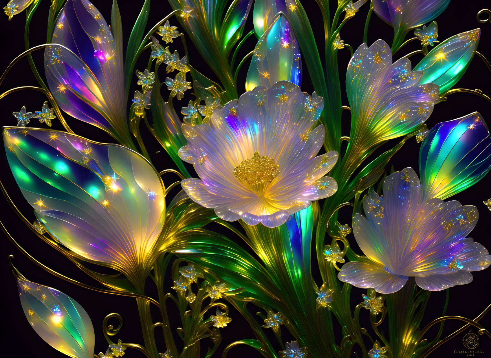 Iridescent Glowing Flowers with Golden Centers on Dark Background