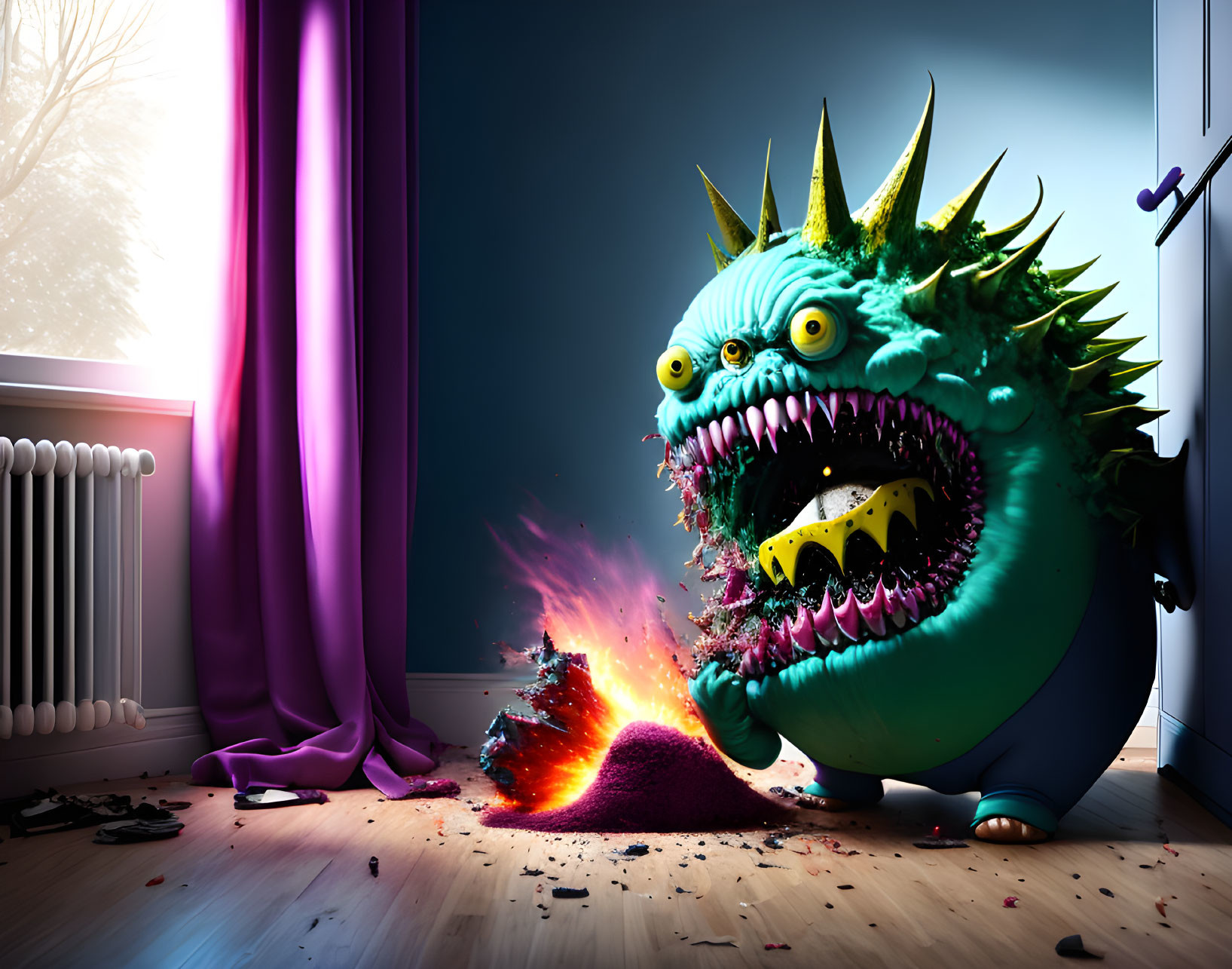 Colorful flames-breathing monster illustration in room