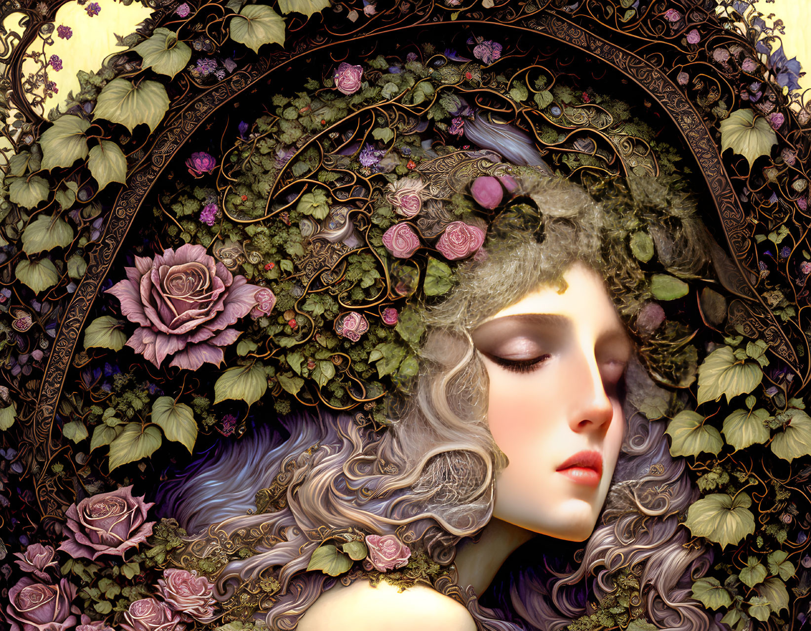 Detailed Art Nouveau Woman Portrait with Floral Patterns