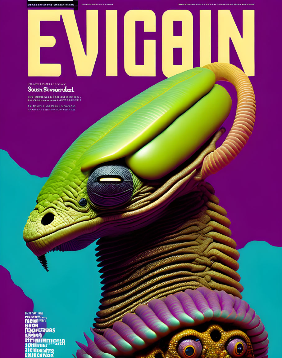 Colorful lizard creature with headphones on teal background with "EVIGAIN" text.