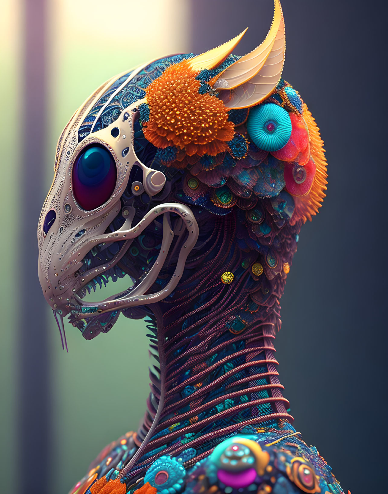 Colorful digital art: intricate creature with bird-like head, floral motifs, vibrant feathers