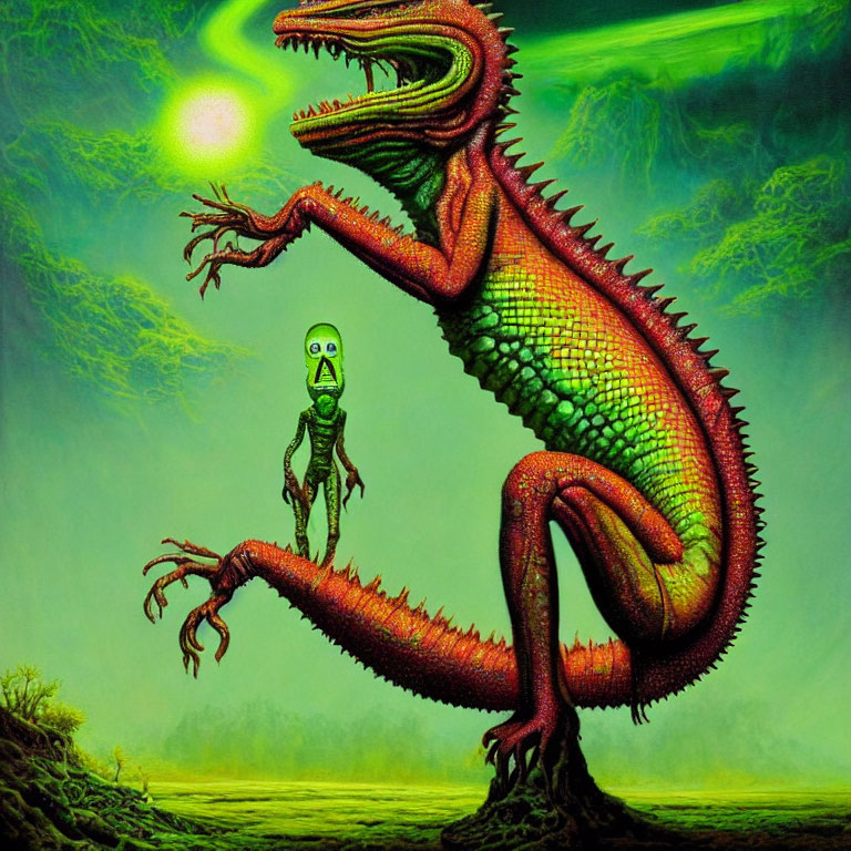 Vivid illustration of green and red scaled creature with alien under greenish sky