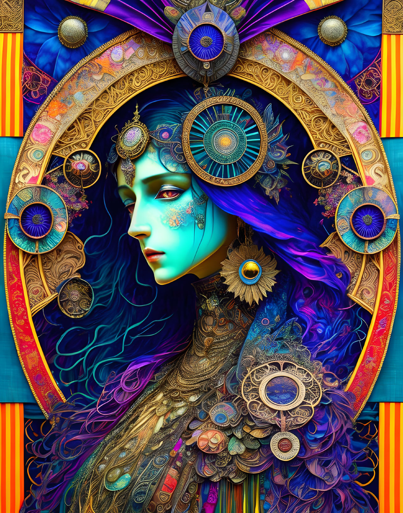 Colorful digital artwork: Woman with blue skin and peacock headdress