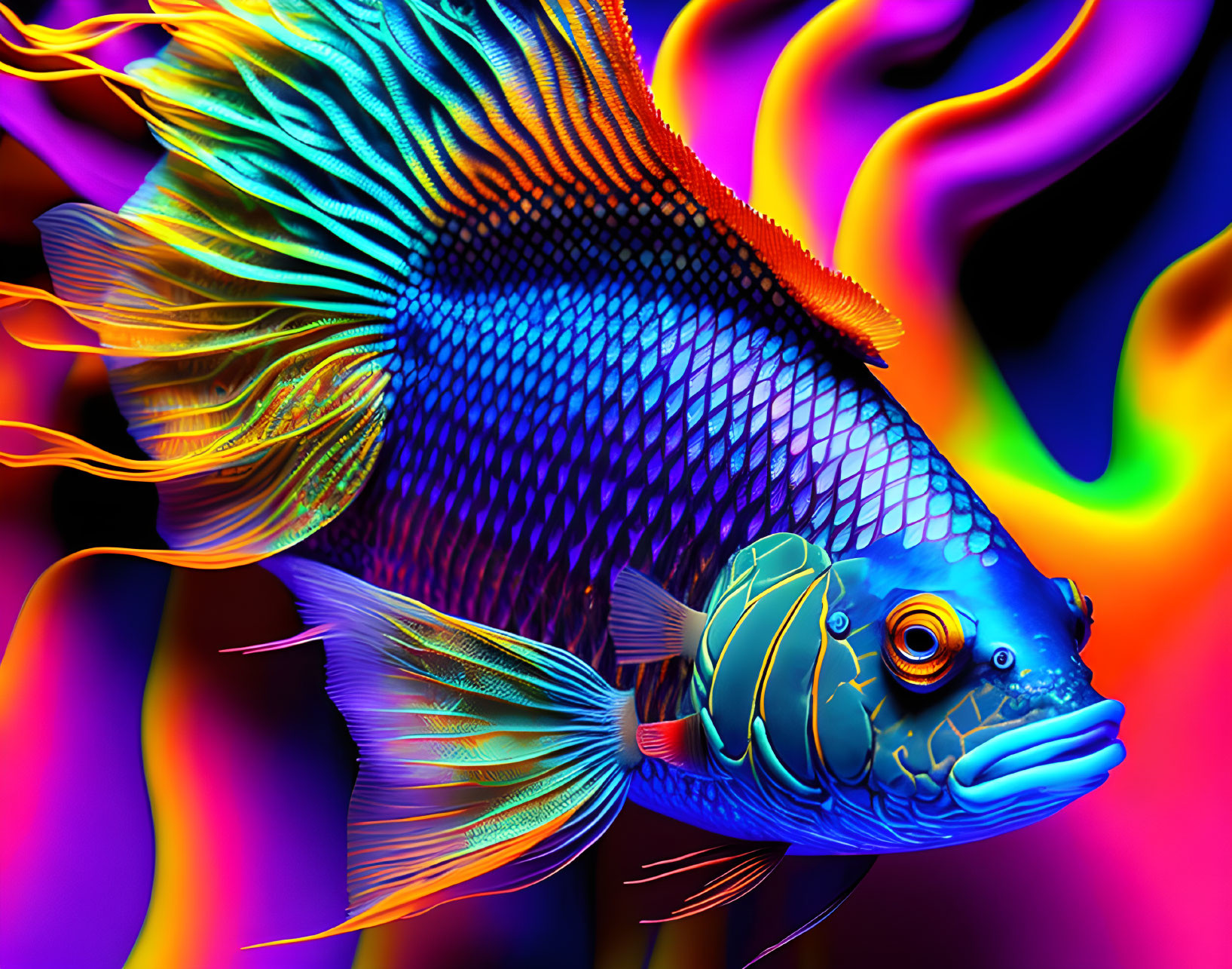 Colorful Betta Fish Digital Illustration on Neon Background