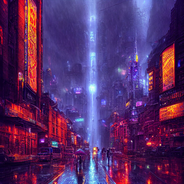 Vibrant cyberpunk cityscape at night with neon signs, high-rises, people with umb