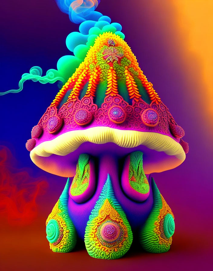 Colorful psychedelic mushroom illustration on gradient background