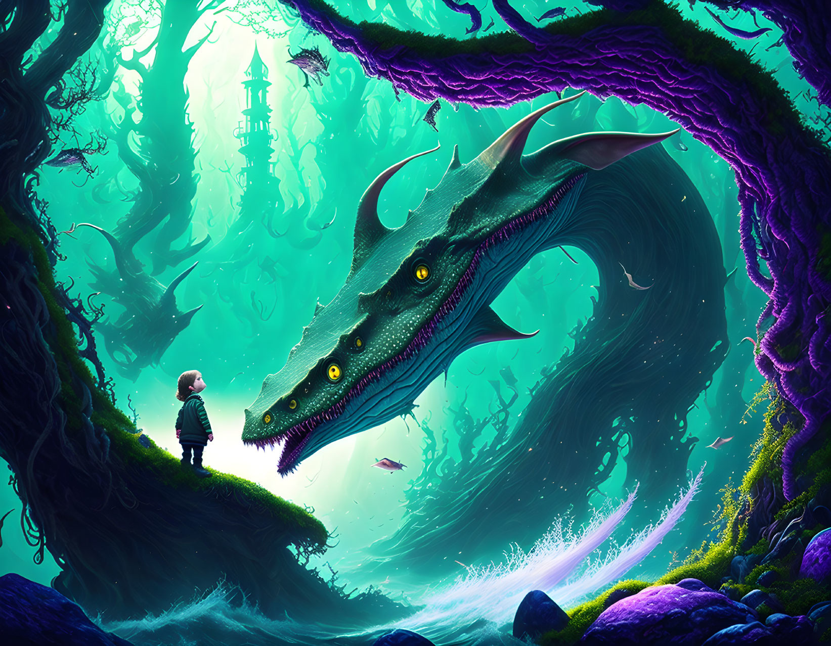 Child facing dragon in vibrant forest with castle