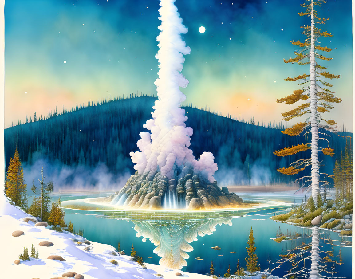 Tranquil lake reflects geyser eruption in wintery forest landscape