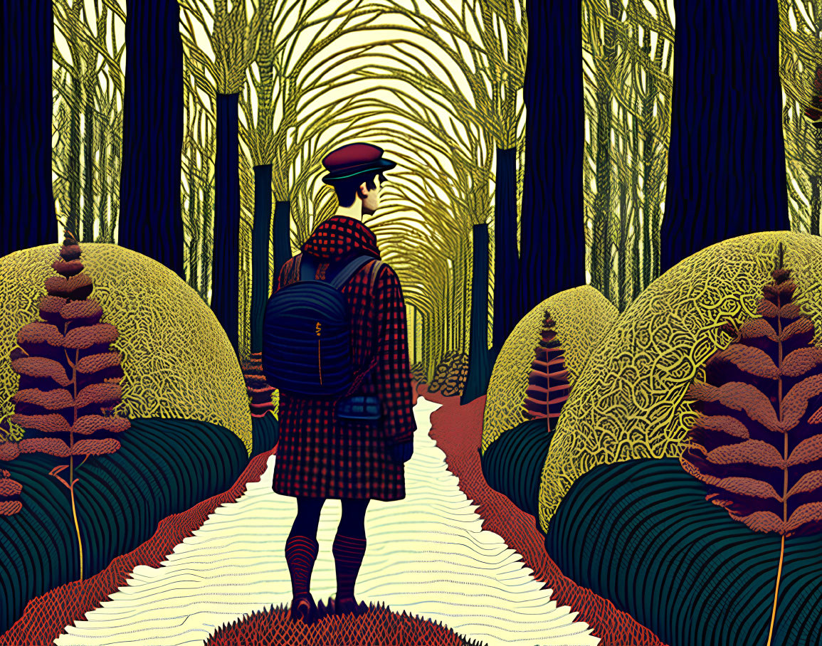 Plaid-wearing person in beret on forest path with stylized trees