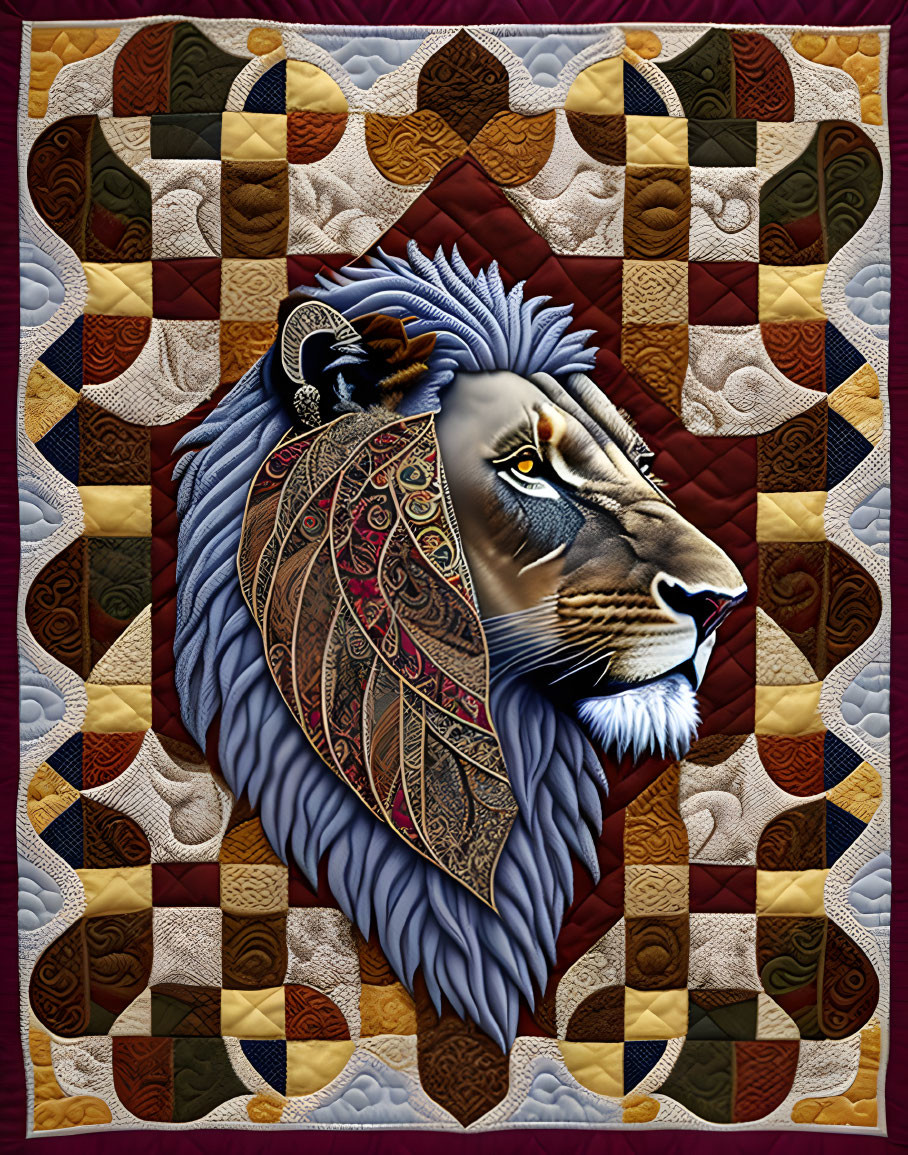 Majestic lion's head digital artwork on colorful quilt background