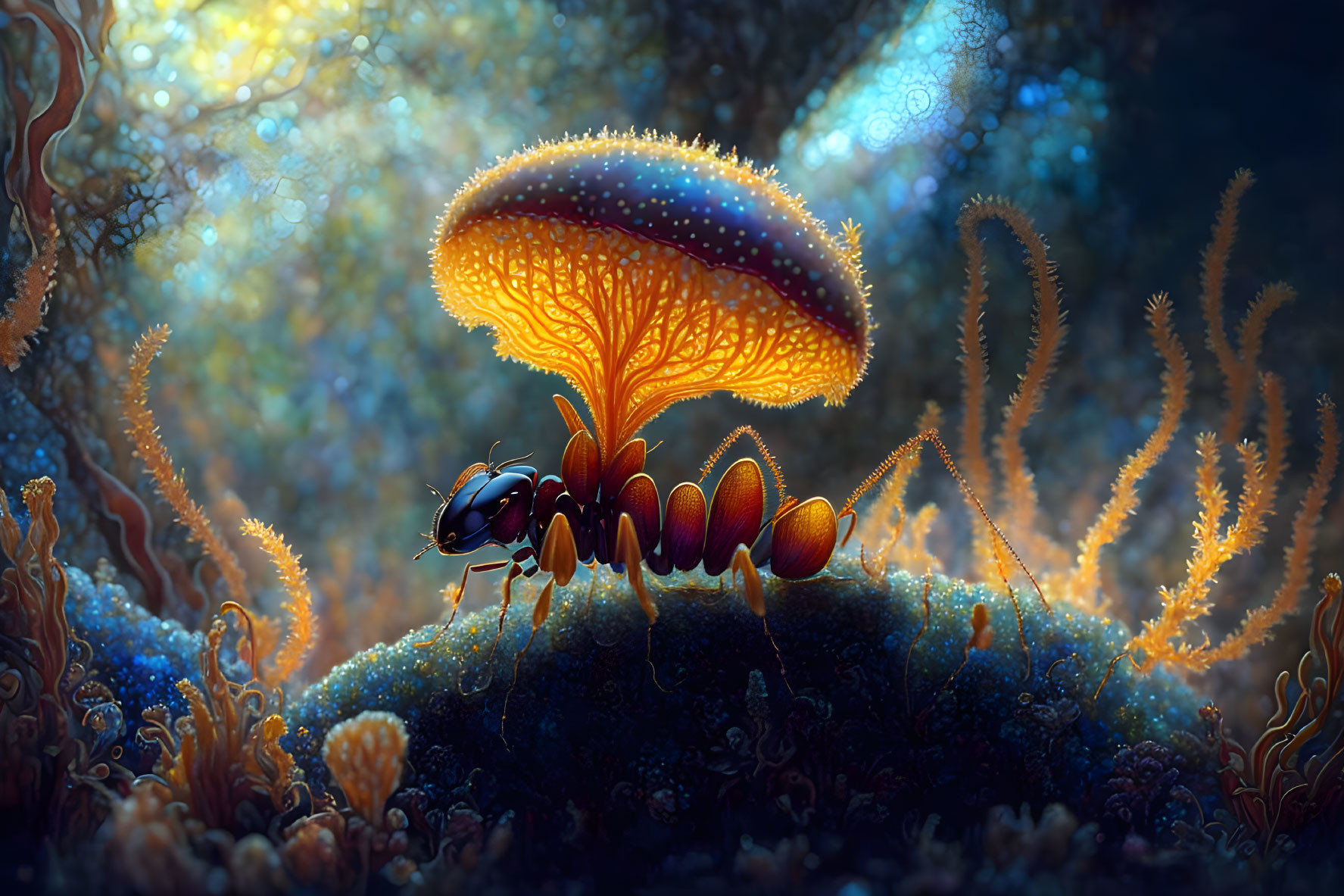 Glowing mushroom and lush flora in mystical forest scene